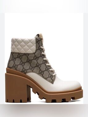 Gucci White Leather & Brown GG Canvas Quilted Lace-Up Heeled Boot